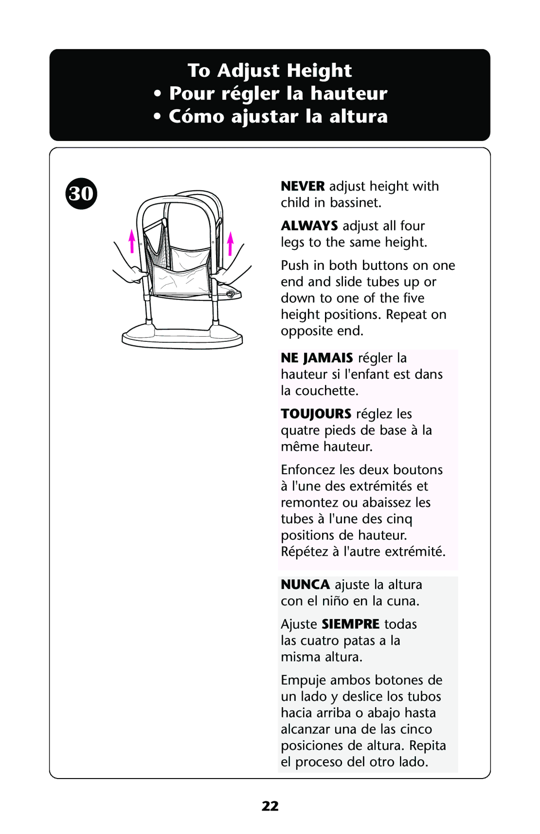 Graco ISPJ002AB manual NE Jamais régler la hauteur si lenfant est dans la couchette 