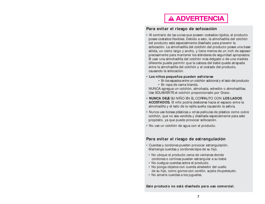 Graco ISPP020AB owner manual Para evitar el riesgo de sofocación, Para evitar el riesgo de estrangulación 