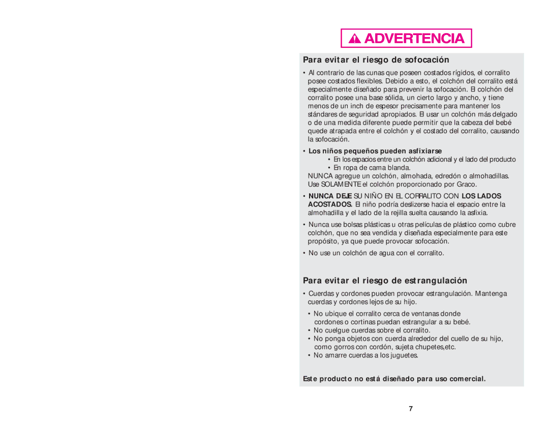 Graco ISPP025AA manual Para evitar el riesgo de sofocación, Para evitar el riesgo de estrangulación 