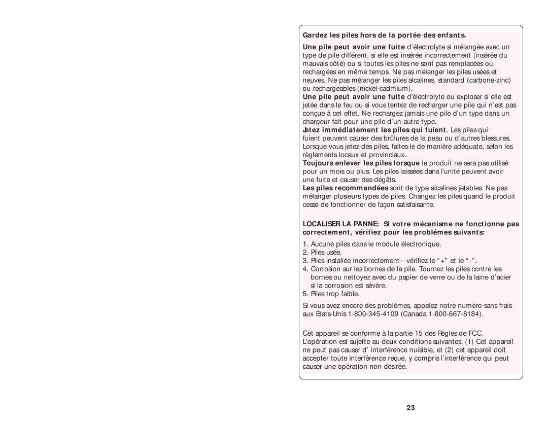 Graco ISPP025AA Gardez les piles hors de la portée des enfants, Jetez immédiatement les piles qui fuient. Les piles qui 