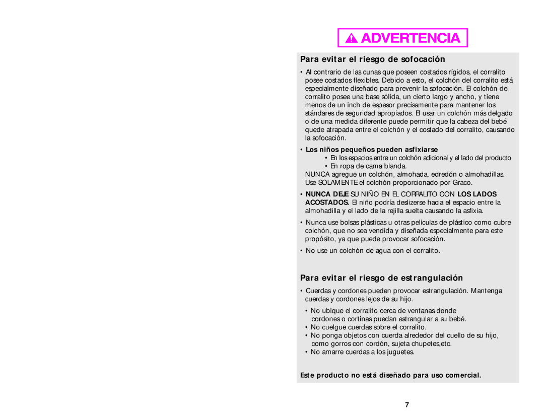 Graco ISPP025AA manual Para evitar el riesgo de sofocación, Para evitar el riesgo de estrangulación 