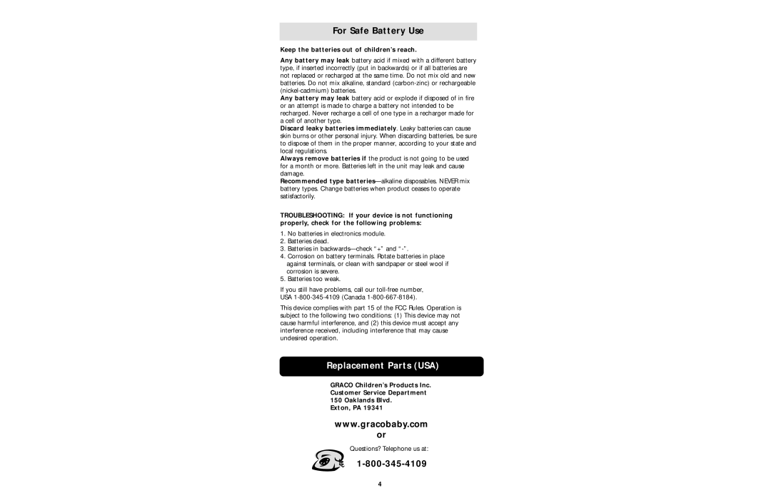 Graco ISPP026AB owner manual For Safe Battery Use, Replacement Parts USA, Keep the batteries out of children’s reach 