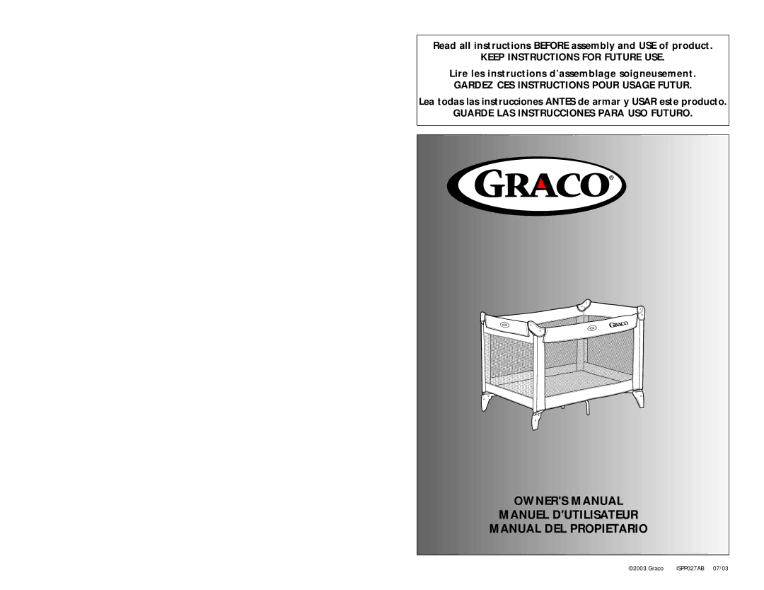 Graco ISPP027AB manual Read all instructions Before assembly and USE of product 