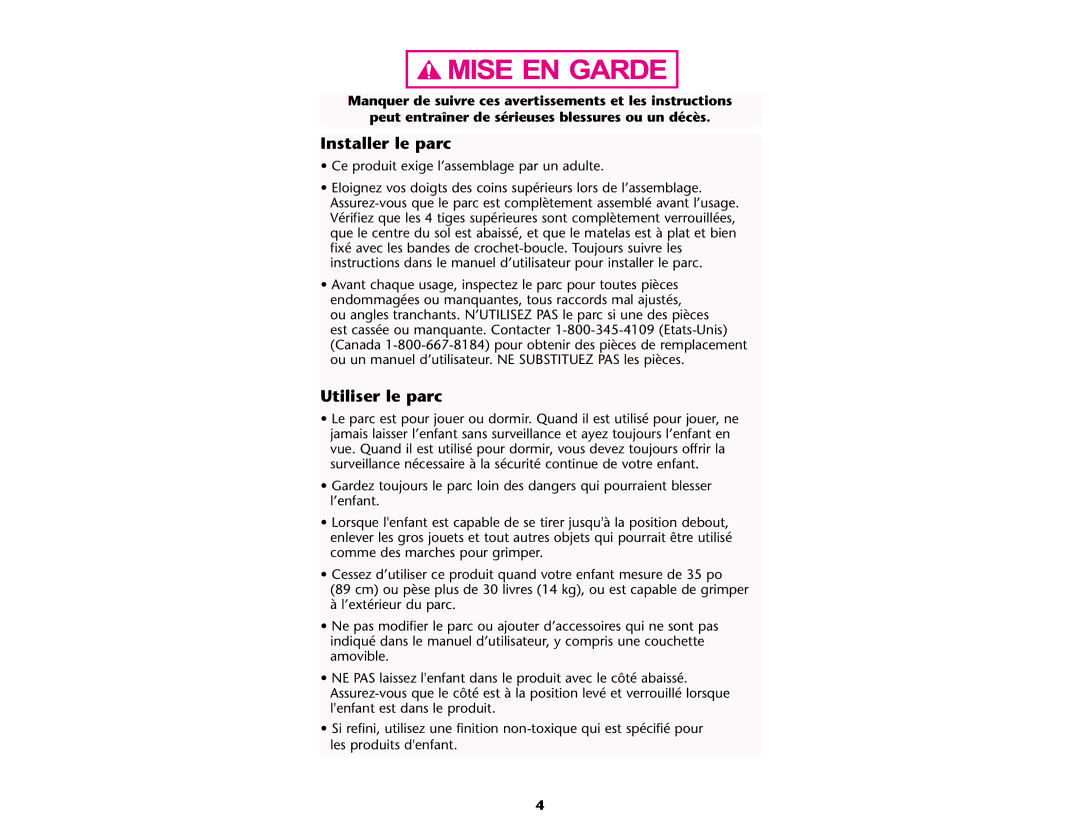 Graco ISPP045AB manual Installer le parc, Utiliser le parc 