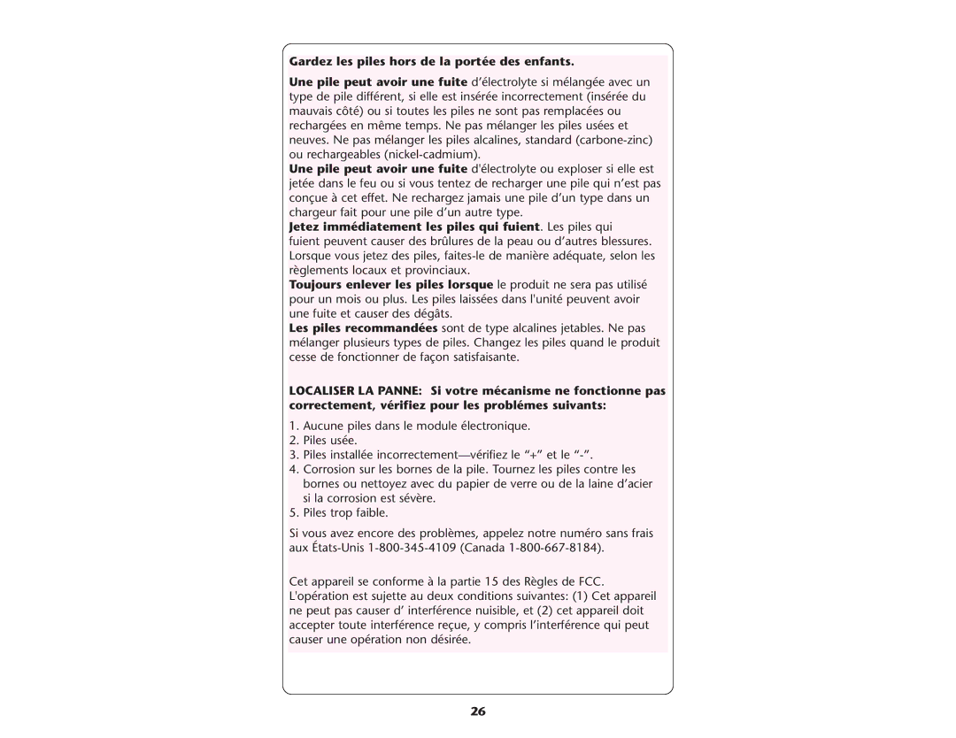 Graco ISPP045AC Gardez les piles hors de la portée des enfants, Jetez immédiatement les piles qui fuient. Les piles qui 