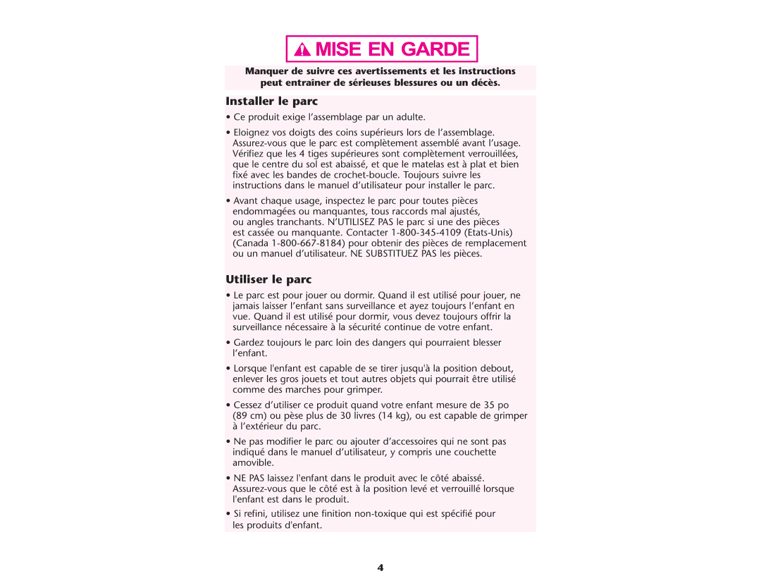 Graco ISPP045AC manual Installer le parc, Utiliser le parc 