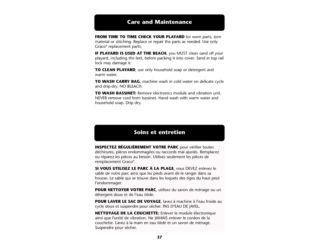 Graco ISPP046AC 04 manual Care and Maintenance, Soins et entretien 