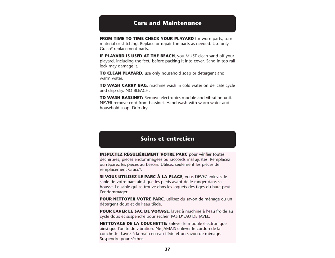 Graco ISPP046AD manual Care and Maintenance, Soins et entretien 