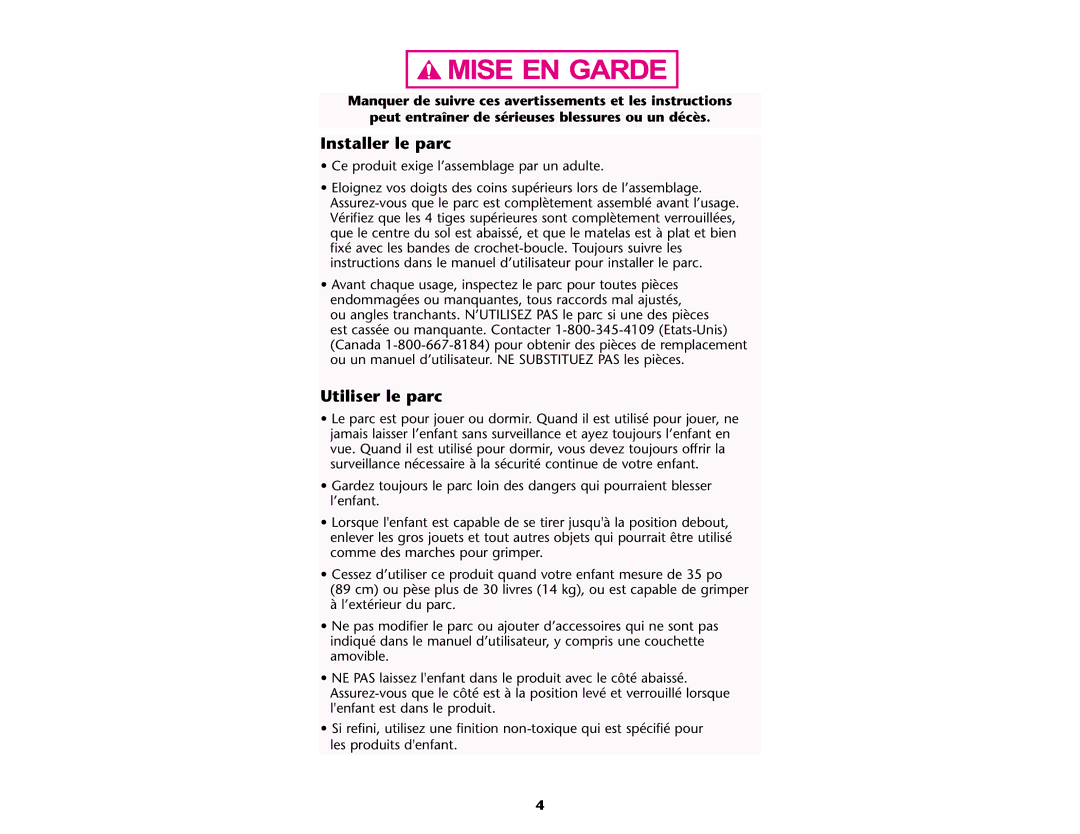 Graco ISPP047AB manual Installer le parc, Utiliser le parc 