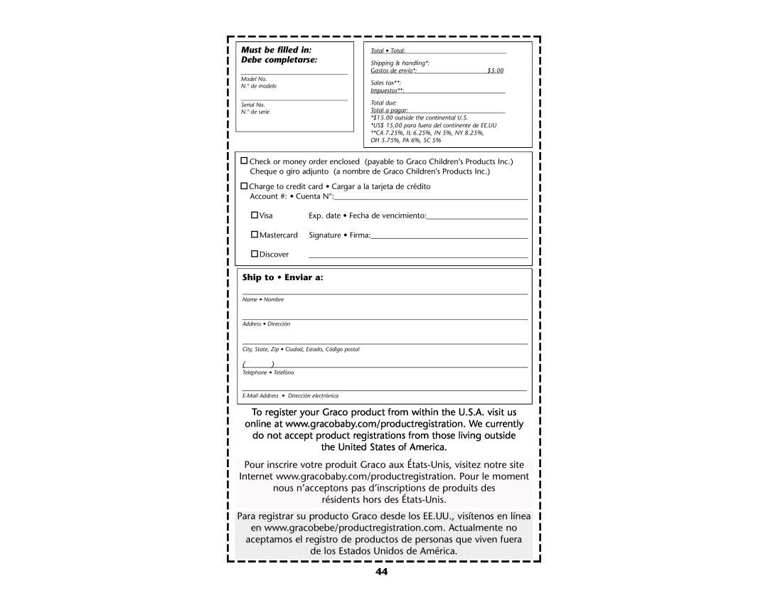 Graco ISPP047AB manual résidents hors des États-Unis, Para registrar su producto Graco desde los EE.UU., visítenos en línea 