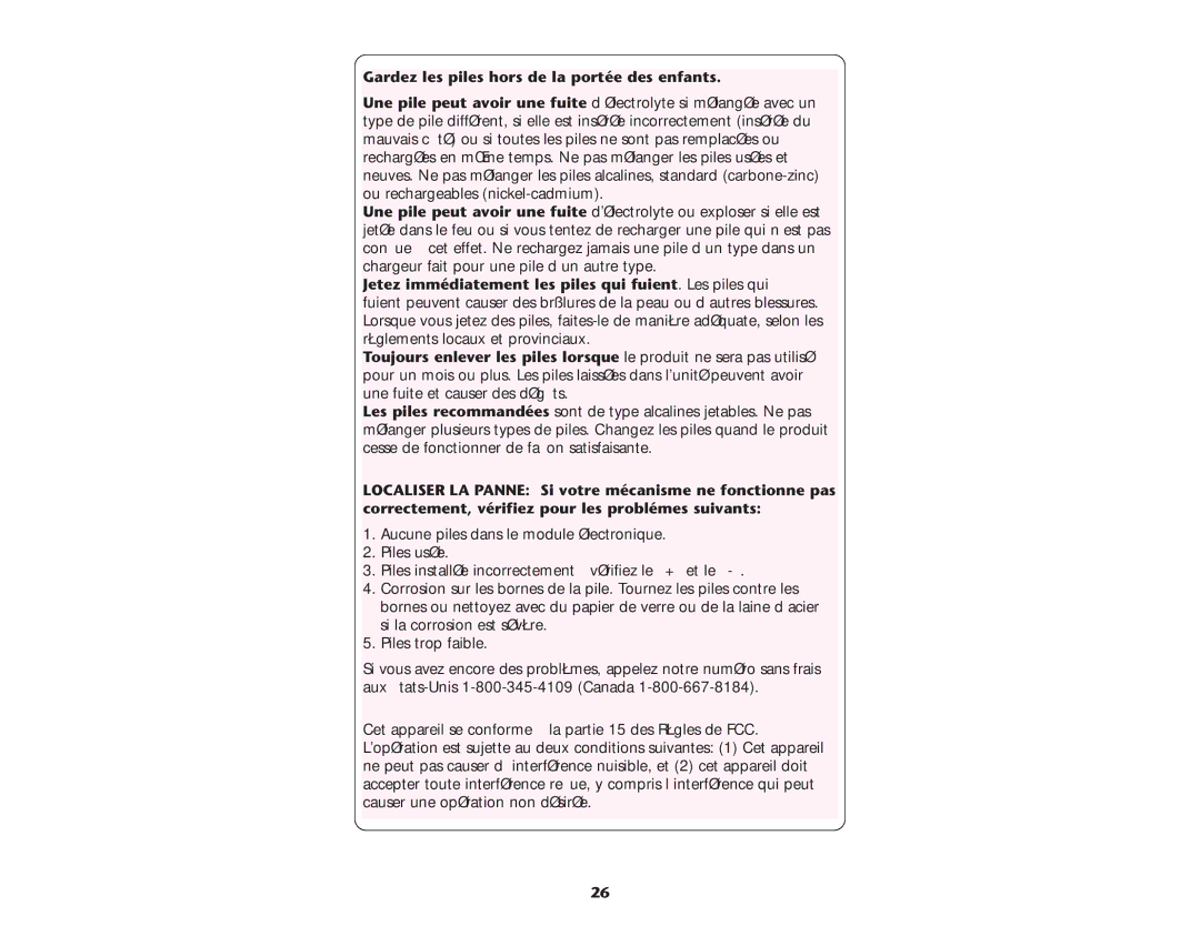 Graco ISPP047AC Gardez les piles hors de la portée des enfants, Jetez immédiatement les piles qui fuient. Les piles qui 