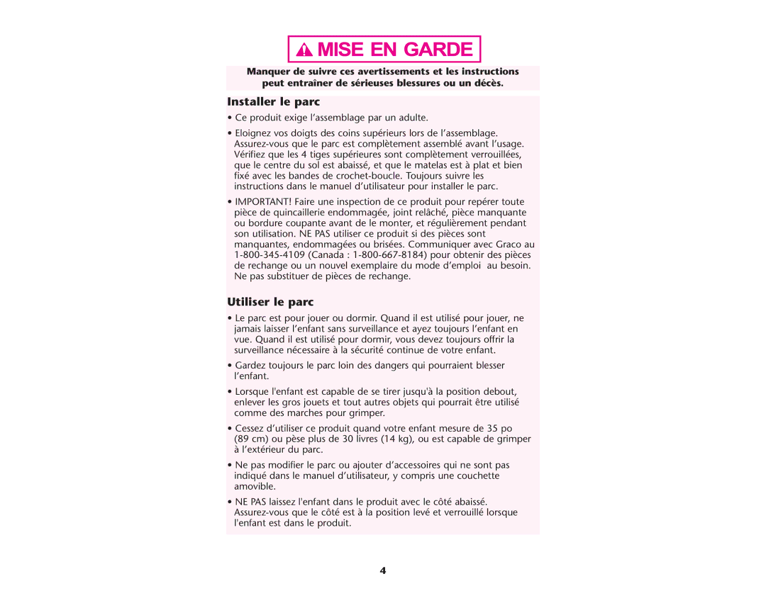 Graco ISPP056AB manual Installer le parc, Utiliser le parc 