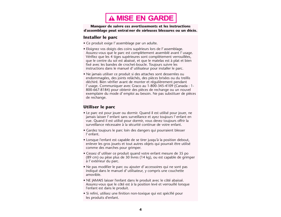 Graco ISPP064AC manual Installer le parc, Utiliser le parc 