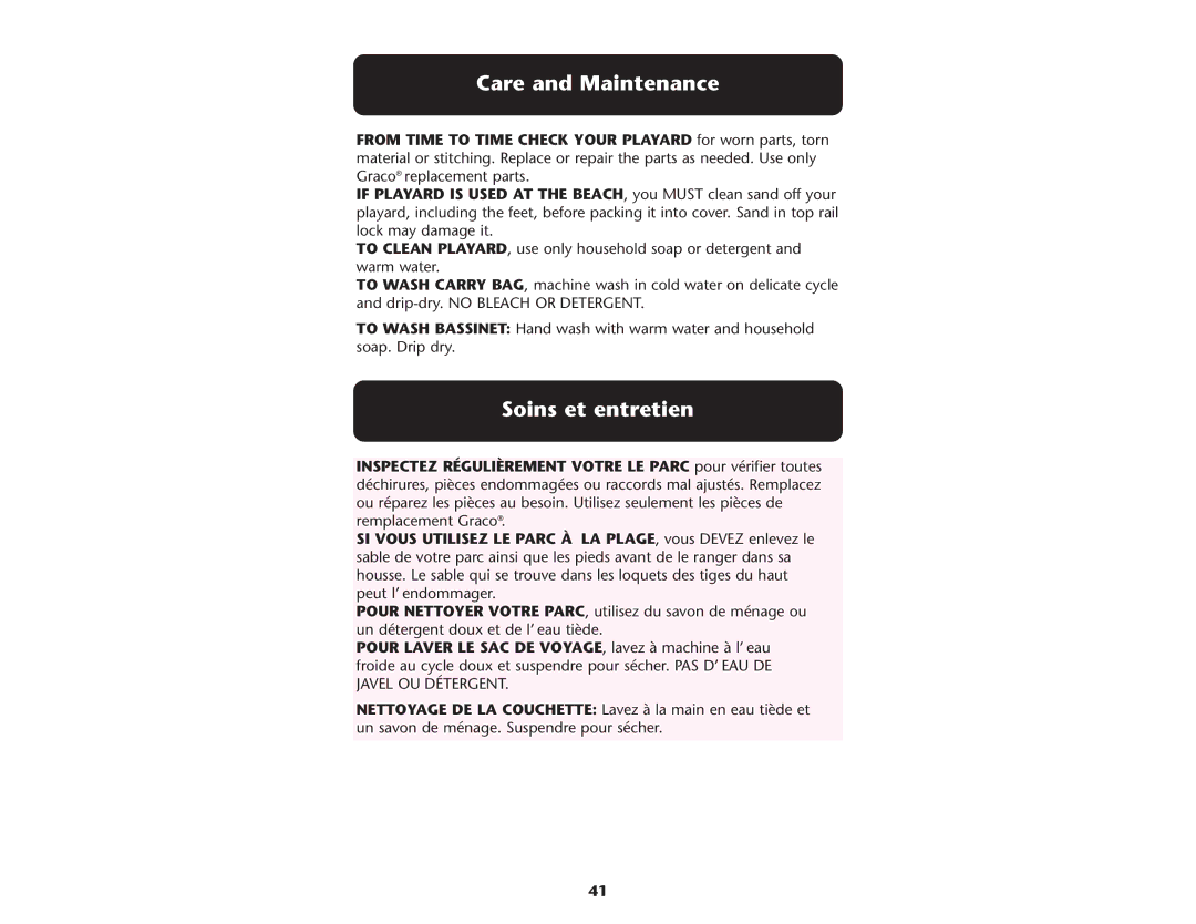 Graco ISPP064AC manual Care and Maintenance, Soins et entretien 