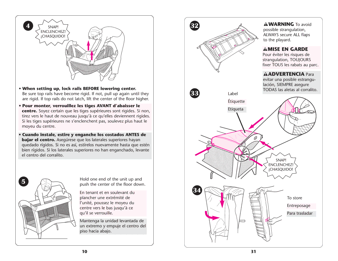 Graco ISPP066AA When setting up, lock rails Before lowering center, Pour monter, verrouillez les tiges Avant d’abaisser le 