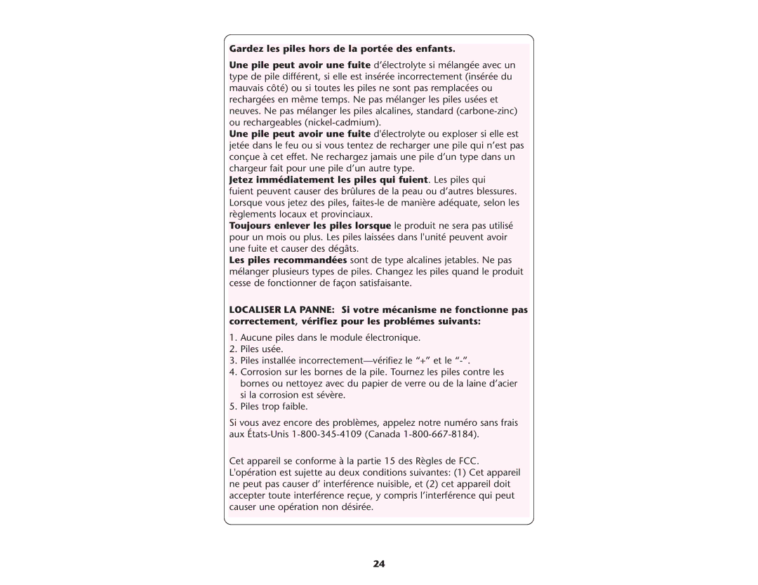 Graco ISPP066AA Gardez les piles hors de la portée des enfants, Jetez immédiatement les piles qui fuient. Les piles qui 