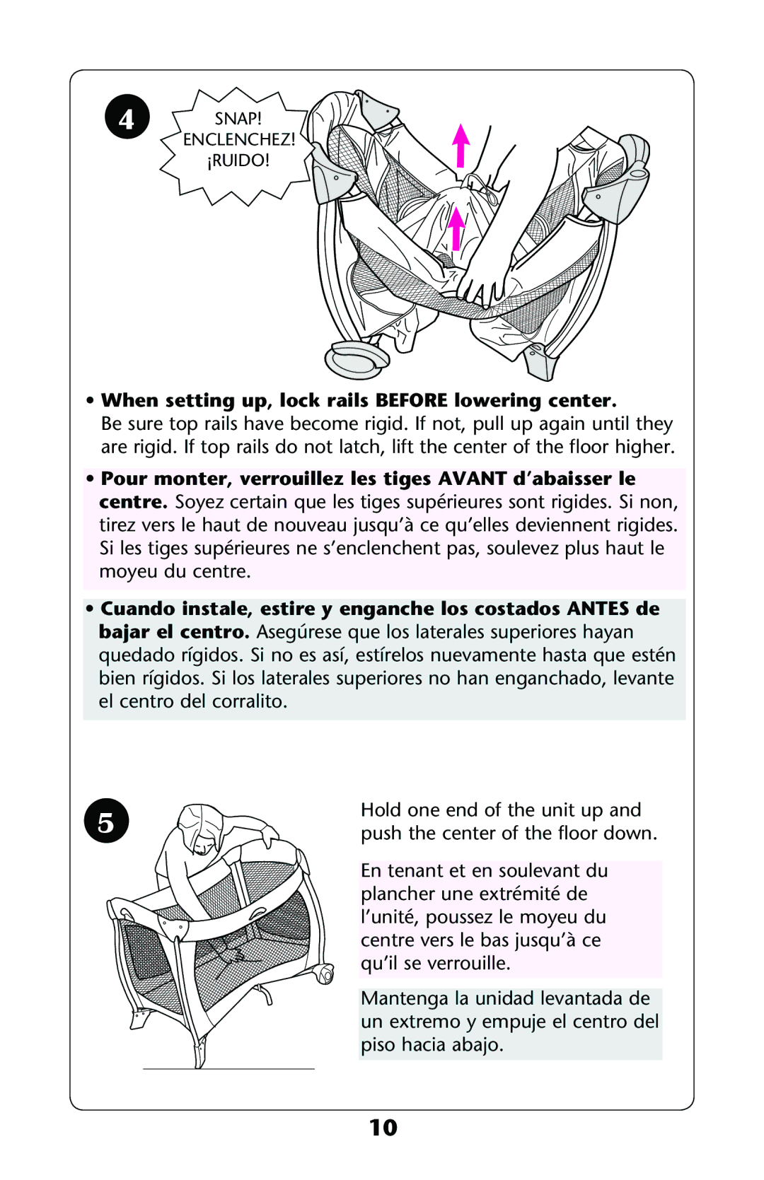 Graco ISPP071AC owner manual When setting up, lock rails Before lowering center 