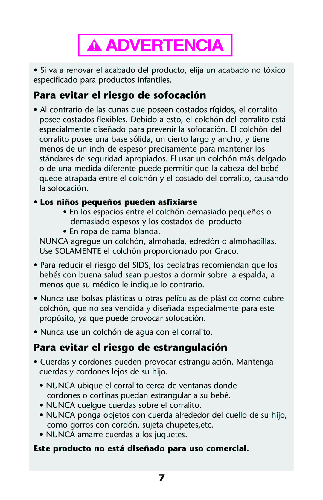 Graco ISPP071AC owner manual Para evitar el riesgo de sofocación, Para evitar el riesgo de estrangulación 