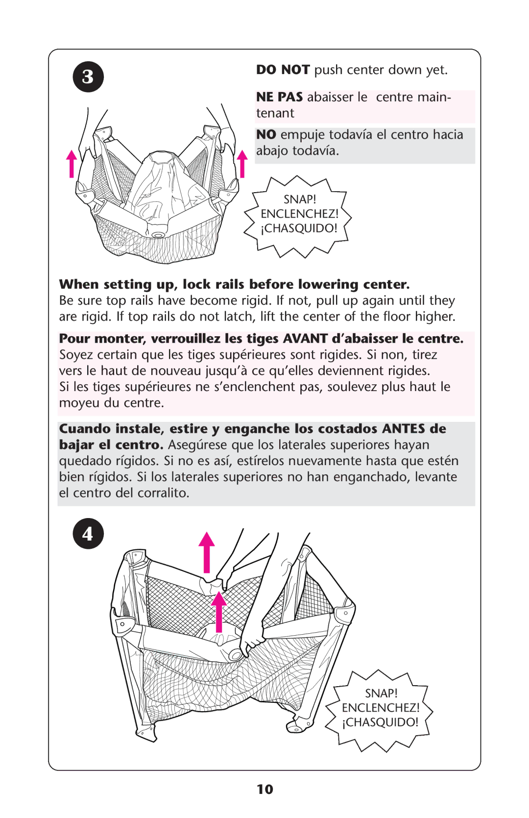 Graco ISPP072AB owner manual Do not push center down yet, When setting up, lock rails before lowering center 