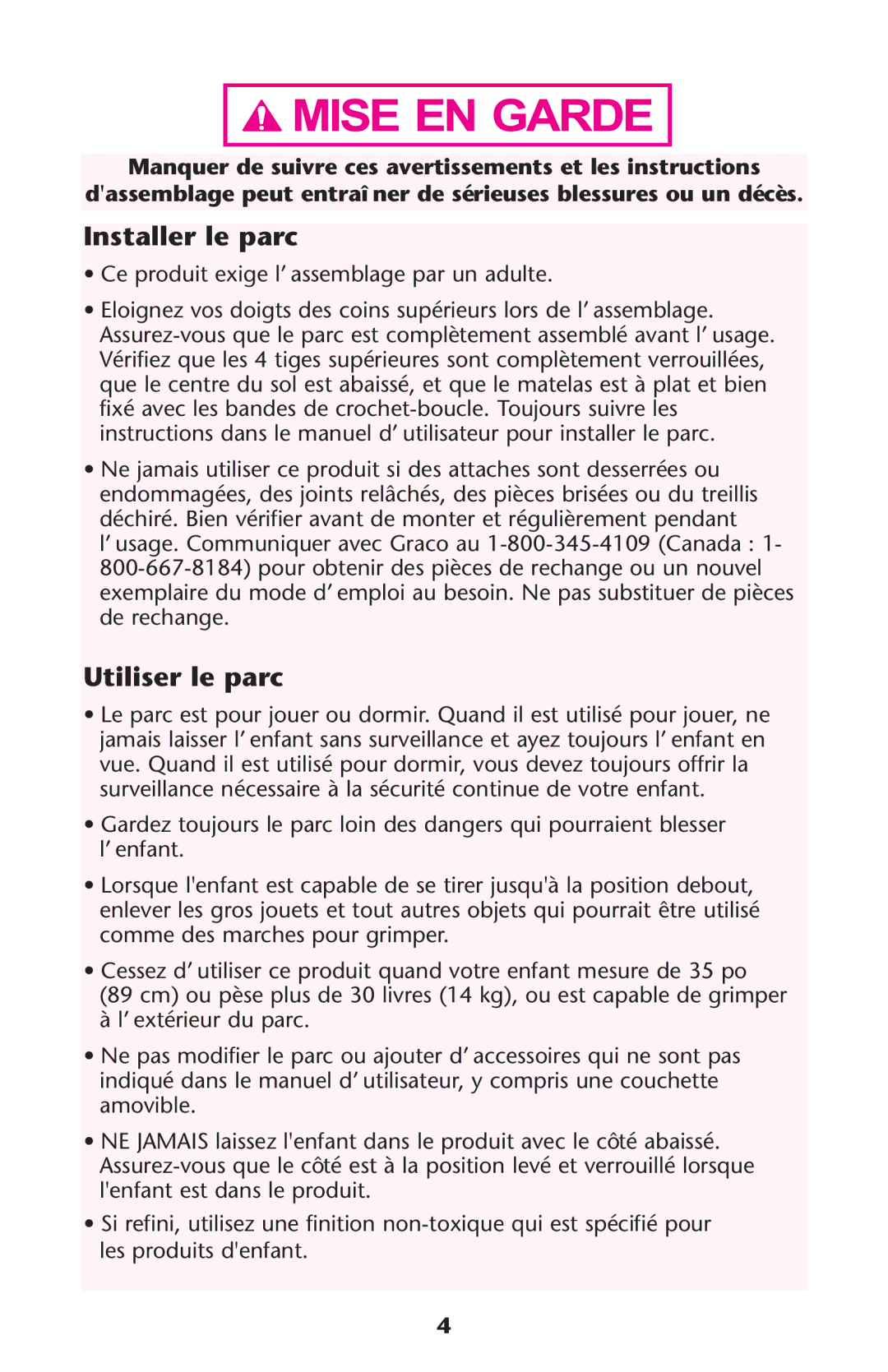 Graco ISPP072AC owner manual Installer le parc, Utiliser le parc 