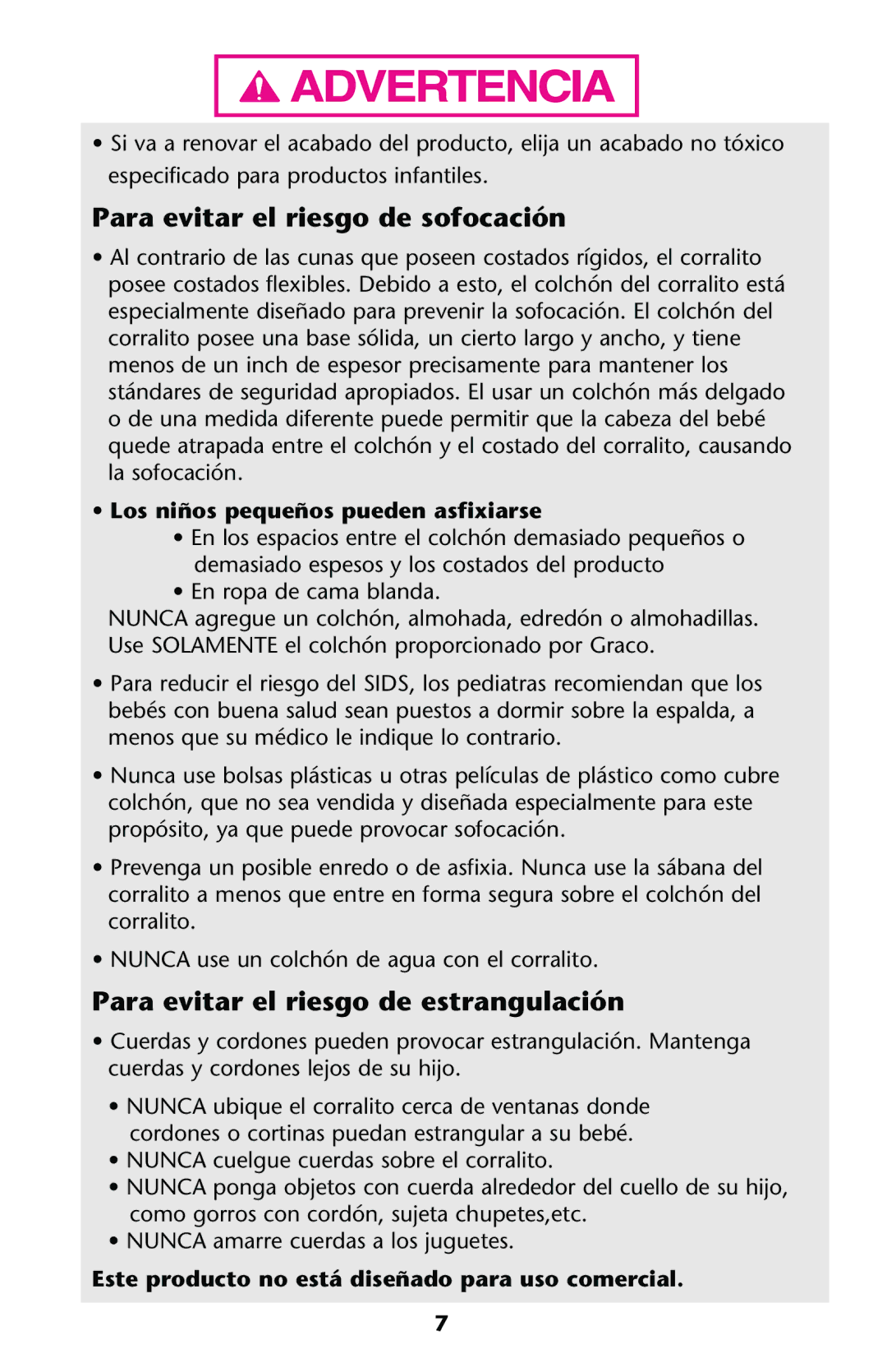 Graco ISPP072AF manual Para evitar el riesgo de sofocación, Para evitar el riesgo de estrangulación 