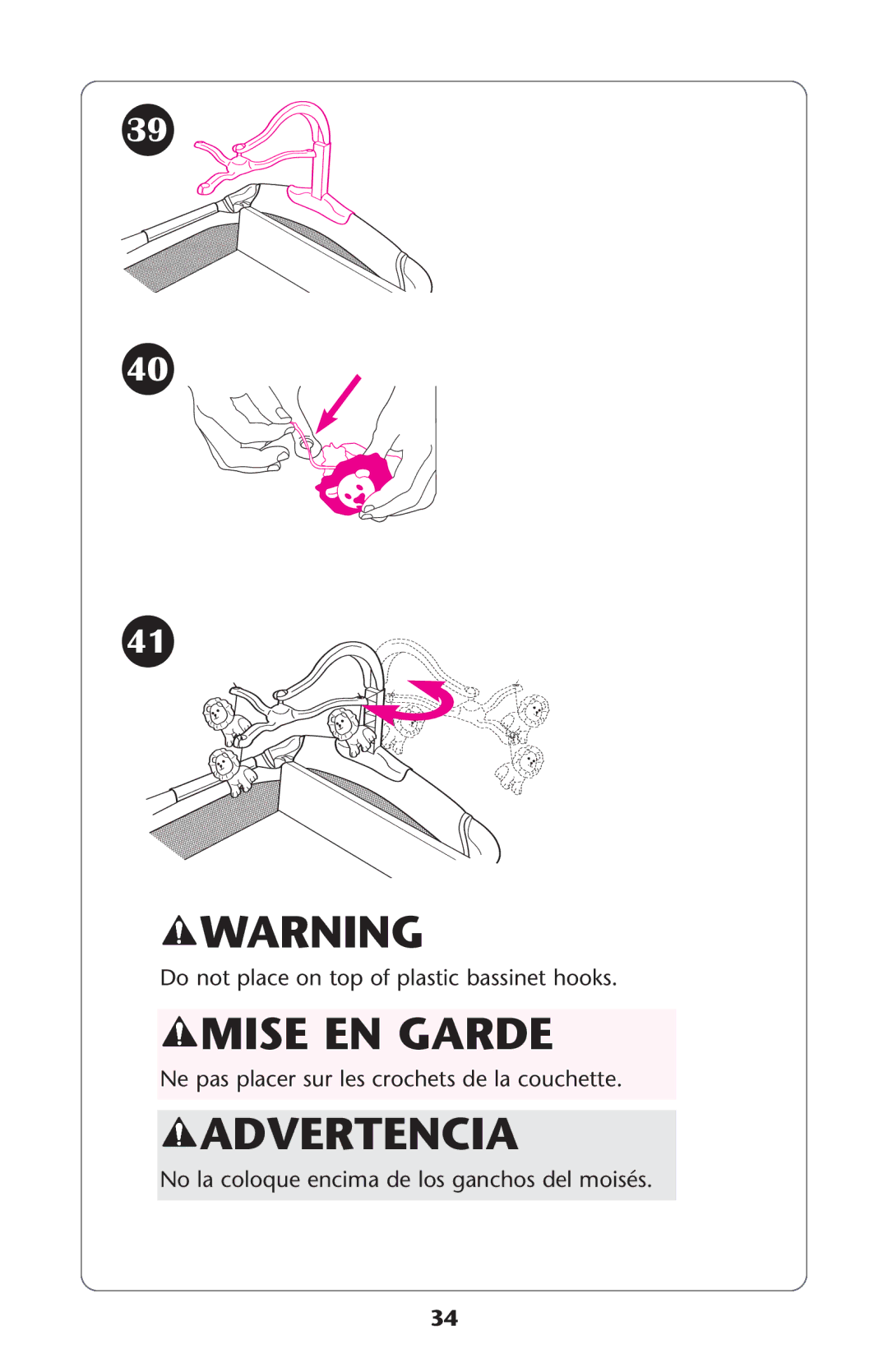 Graco ISPP077AA manual Do not place on top of plastic bassinet hooks 