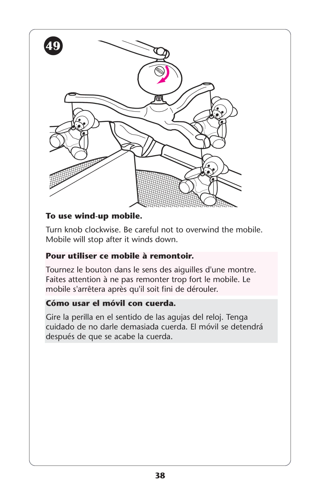 Graco ISPP077AA manual To use wind-up mobile, Pour utiliser ce mobile à remontoir, Cómo usar el móvil con cuerda 