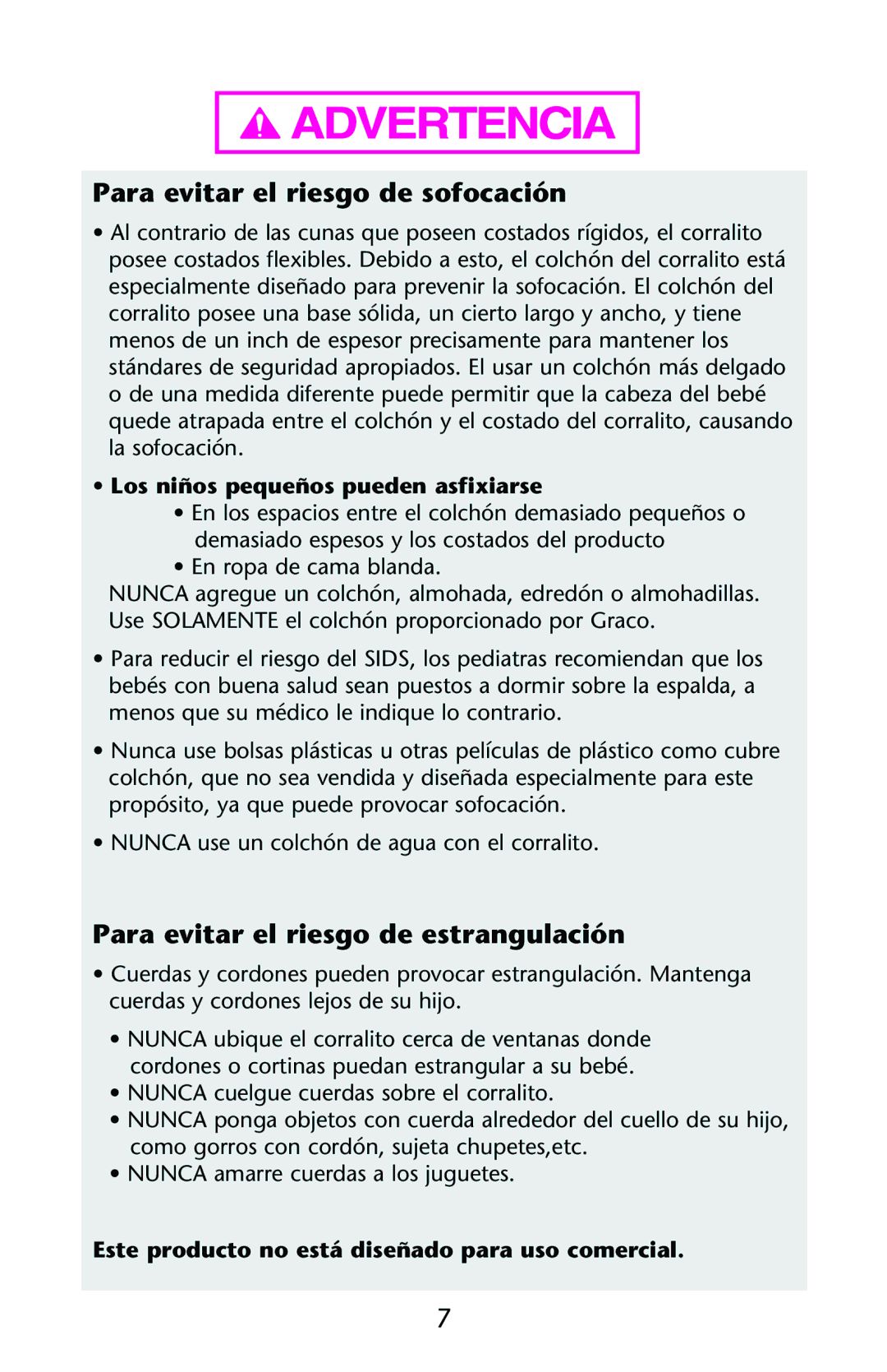 Graco ISPP089AB owner manual Para evitar el riesgo de sofocación, Para evitar el riesgo de estrangulación 