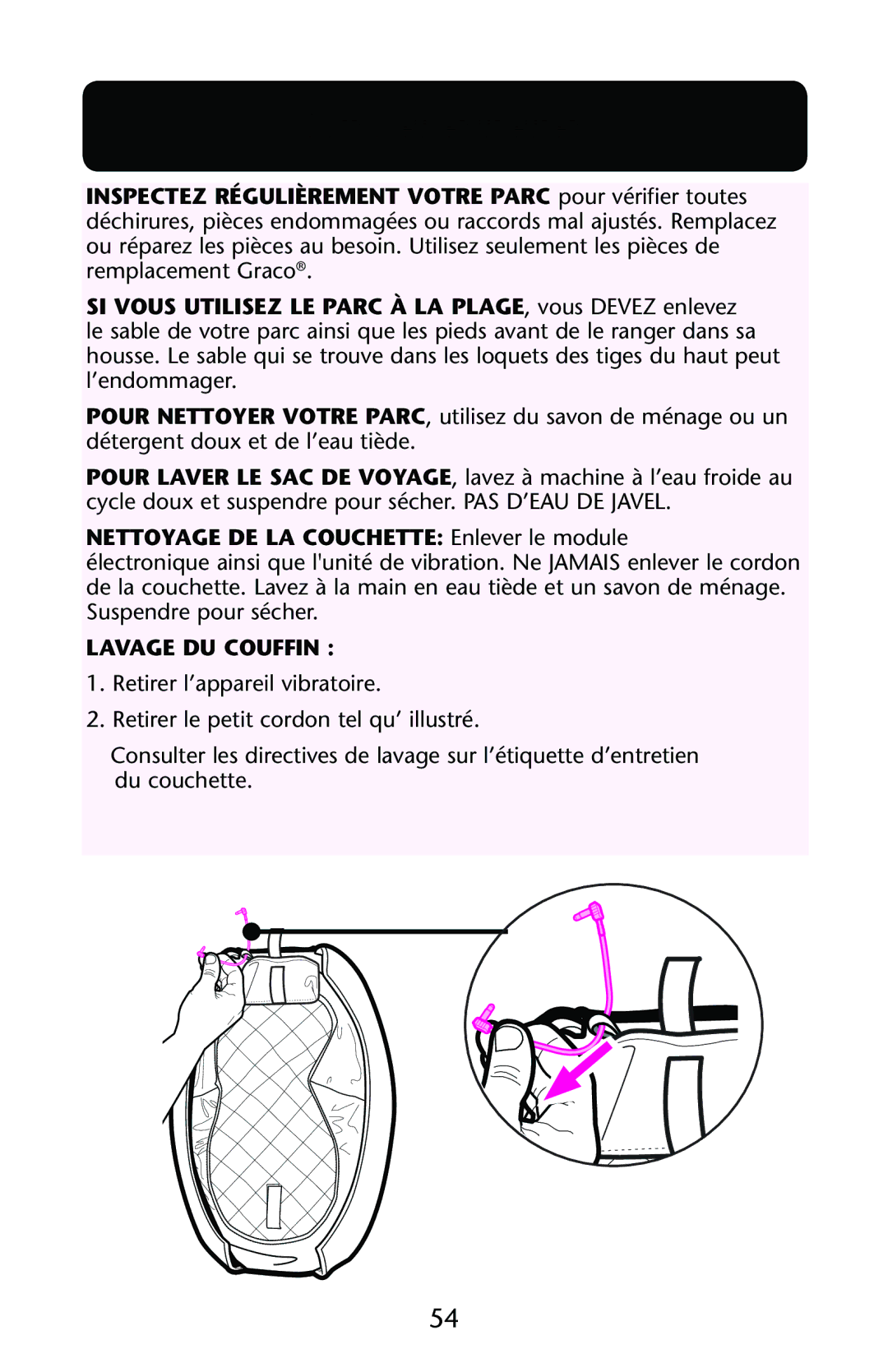 Graco ISPP119AE owner manual Soins et entretien, Nettoyage DE LA Couchette Enlever le module 