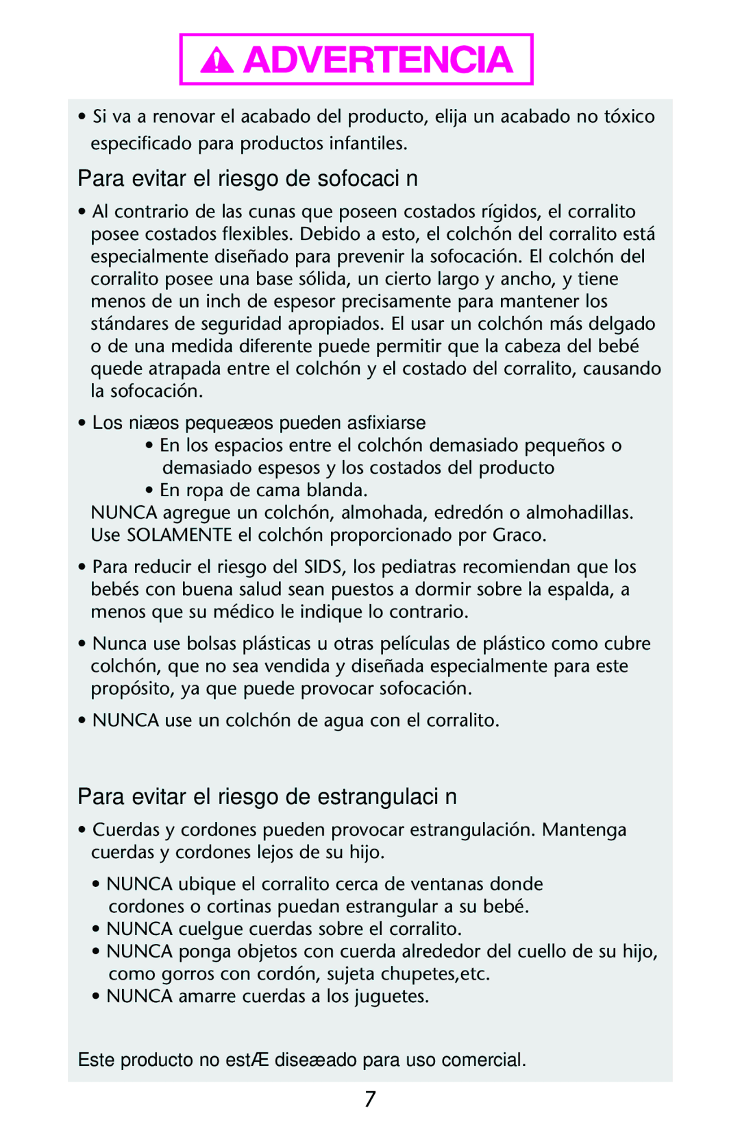 Graco ISPP119AE owner manual Los niños pequeños pueden asfixiarse, Este producto no está diseñado para uso comercial 