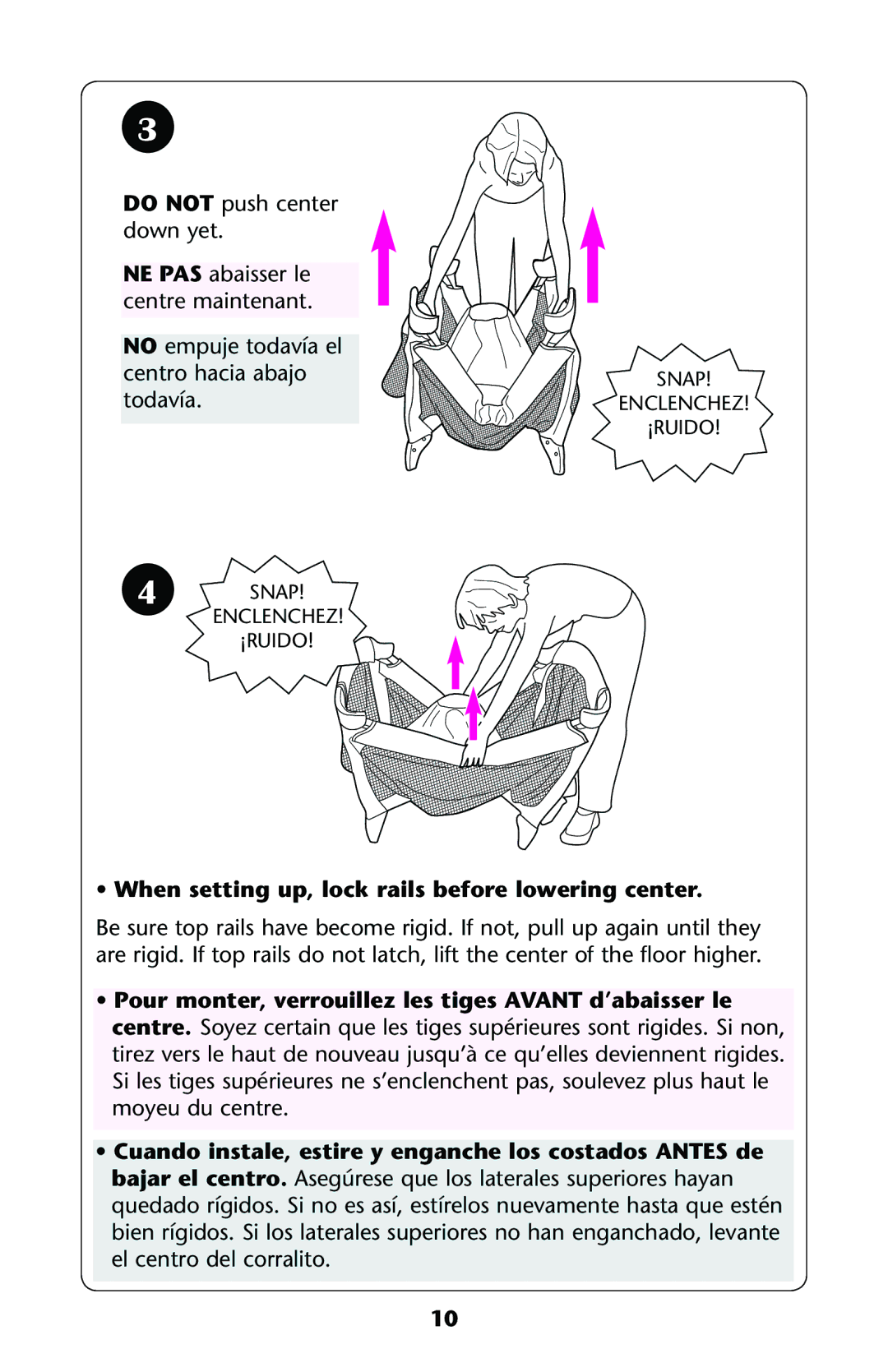 Graco ISPP120AF owner manual When setting up, lock rails before lowering center 