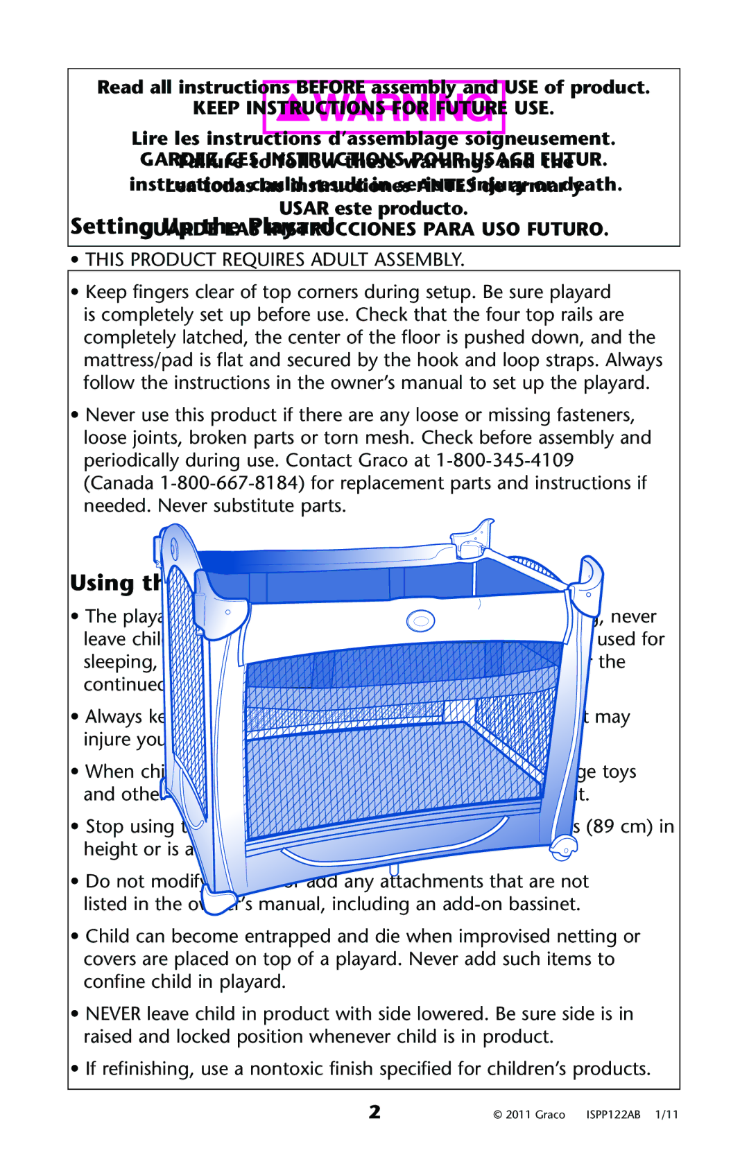 Graco ISPP122AB owner manual Setting Up the Playard, Using the playard 