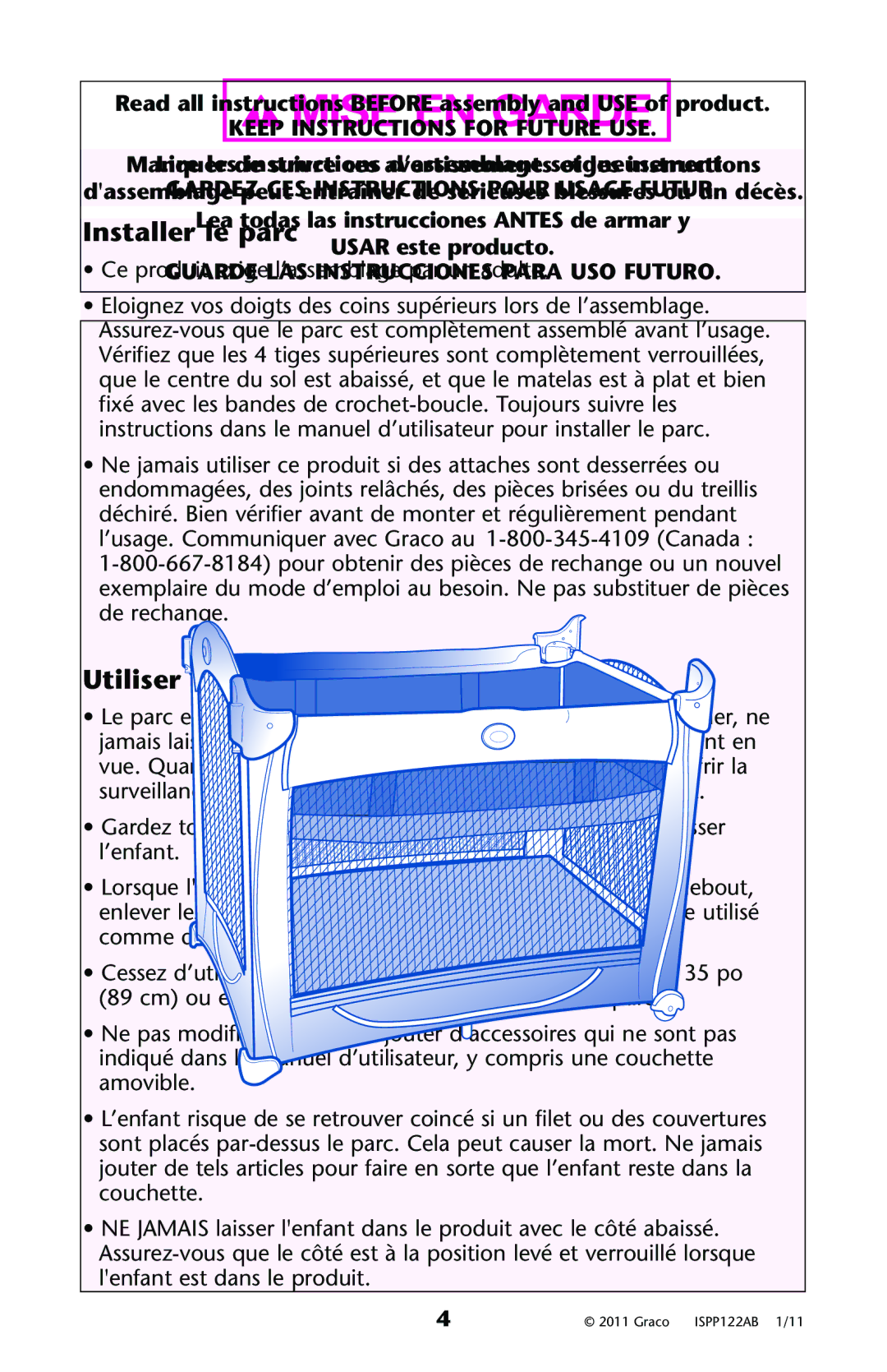 Graco ISPP122AB owner manual Installer le parc, Utiliser le parc 