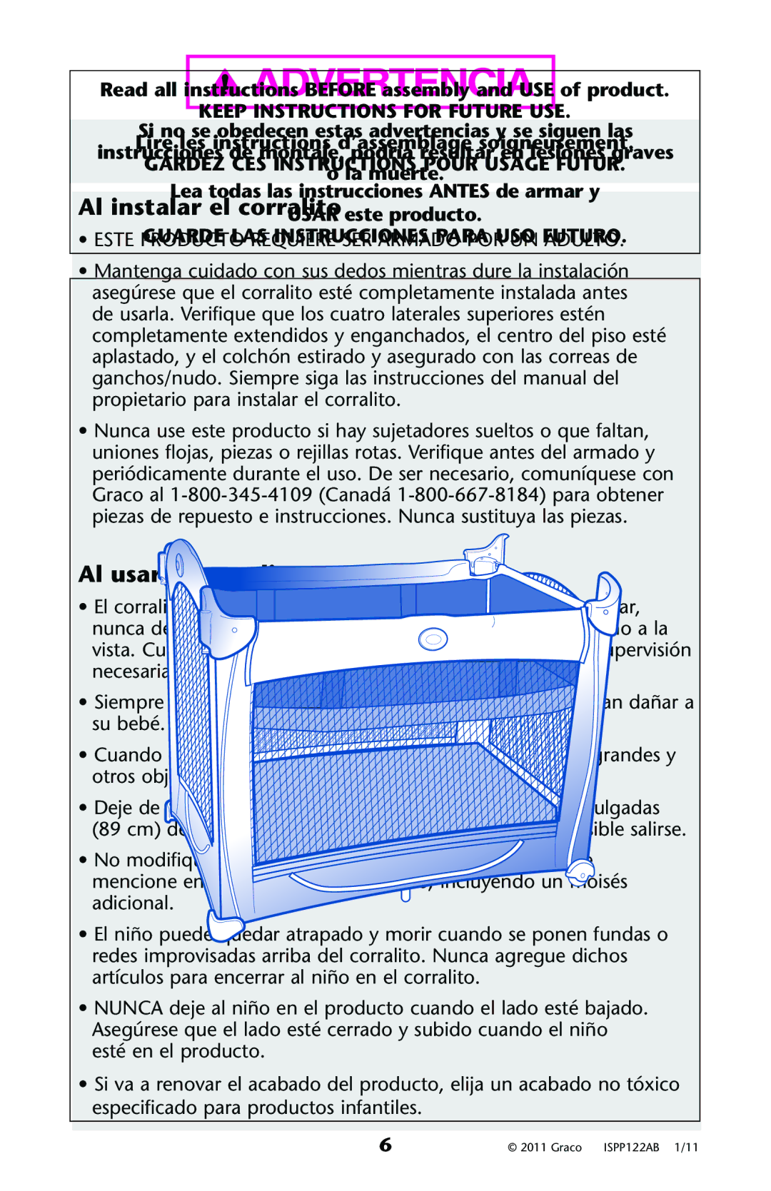 Graco ISPP122AB owner manual Al instalar el corralito, Al usar el corralito 