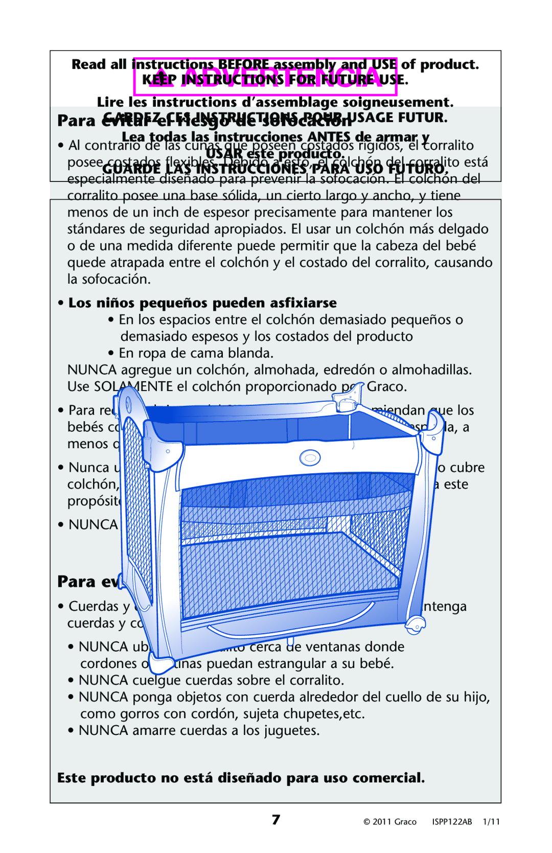 Graco ISPP122AB owner manual Para evitar el riesgo de sofocación, Para evitar el riesgo de estrangulación 