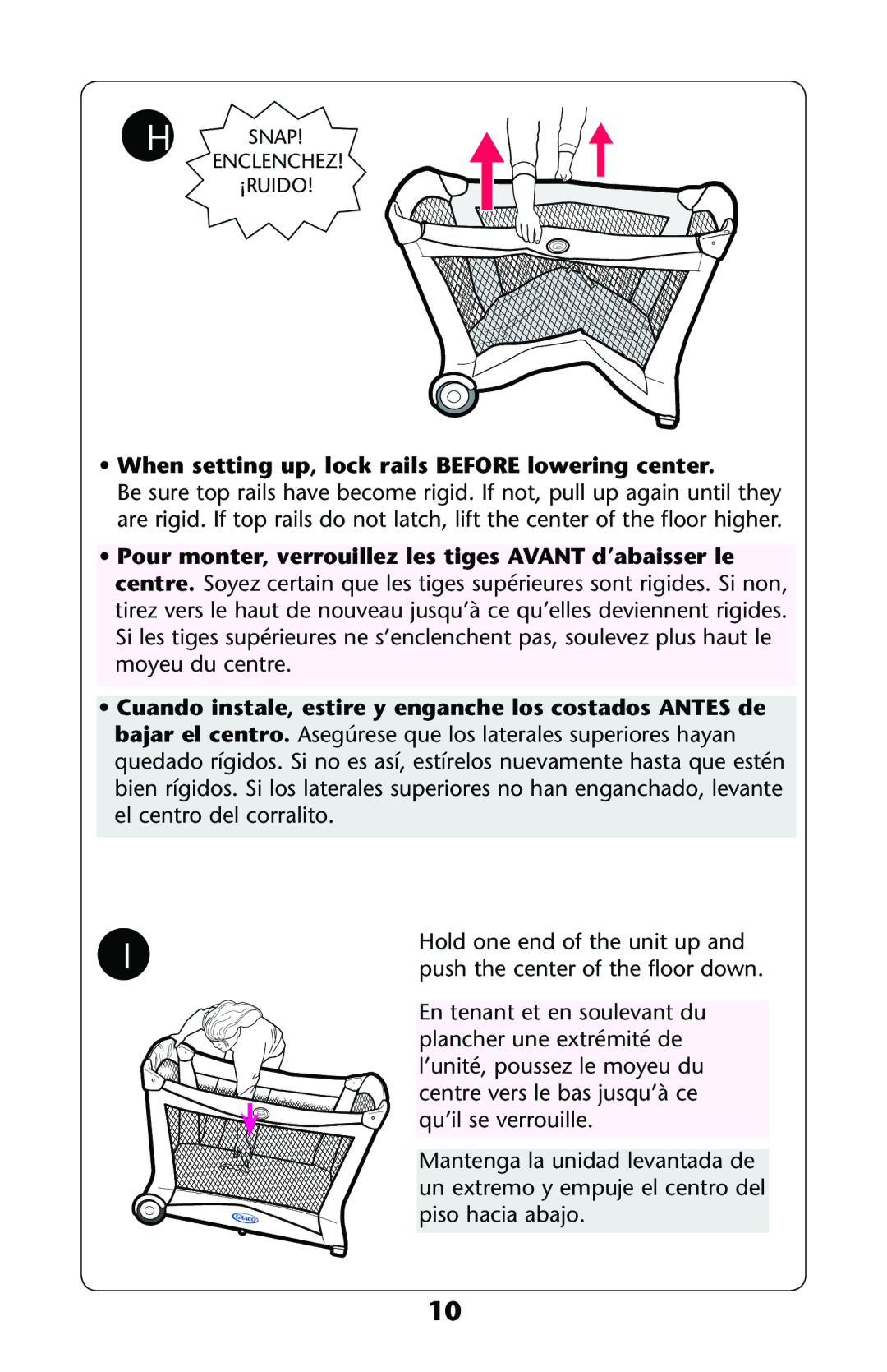 Graco ISPP124AB 1/11 owner manual When setting up, lock rails Before lowering center 