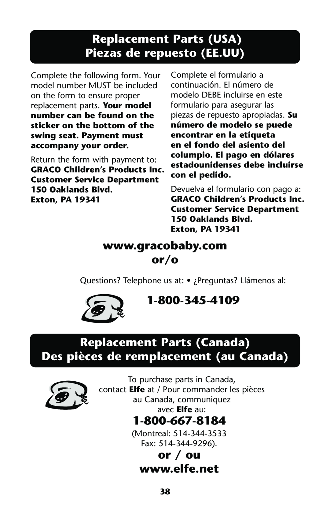 Graco ISPS013AC manual Replacement Parts USA Piezas de repuesto EE.UU, or/o, or / ou 