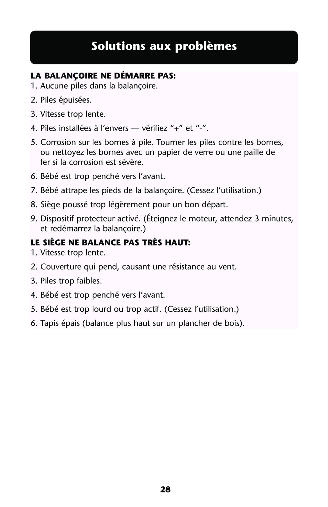 Graco ISPS031AA owner manual Solutions aux problèmes, LA Balançoire NE Démarre PAS, LE Siège NE Balance PAS Très Haut 