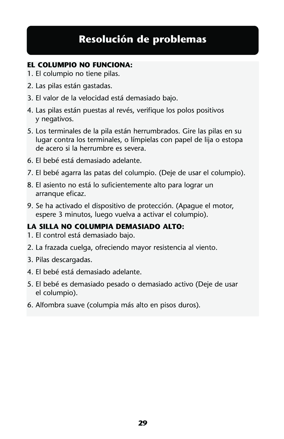 Graco ISPS031AA owner manual Resolución de problemas, EL Columpio no Funciona, LA Silla no Columpia Demasiado Alto 