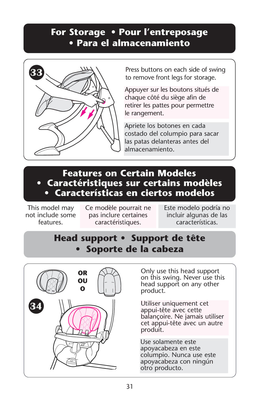 Graco ISPS035AB For Storage Pour l’entreposage Para el almacenamiento, Head support Support de tête Soporte de la cabeza 