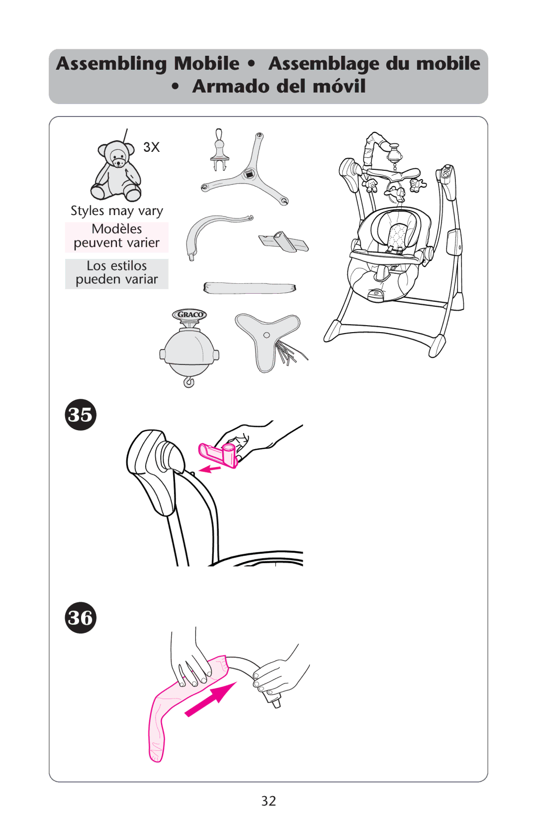 Graco ISPS035AB owner manual Assembling Mobile Assemblage du mobile Armado del móvil 