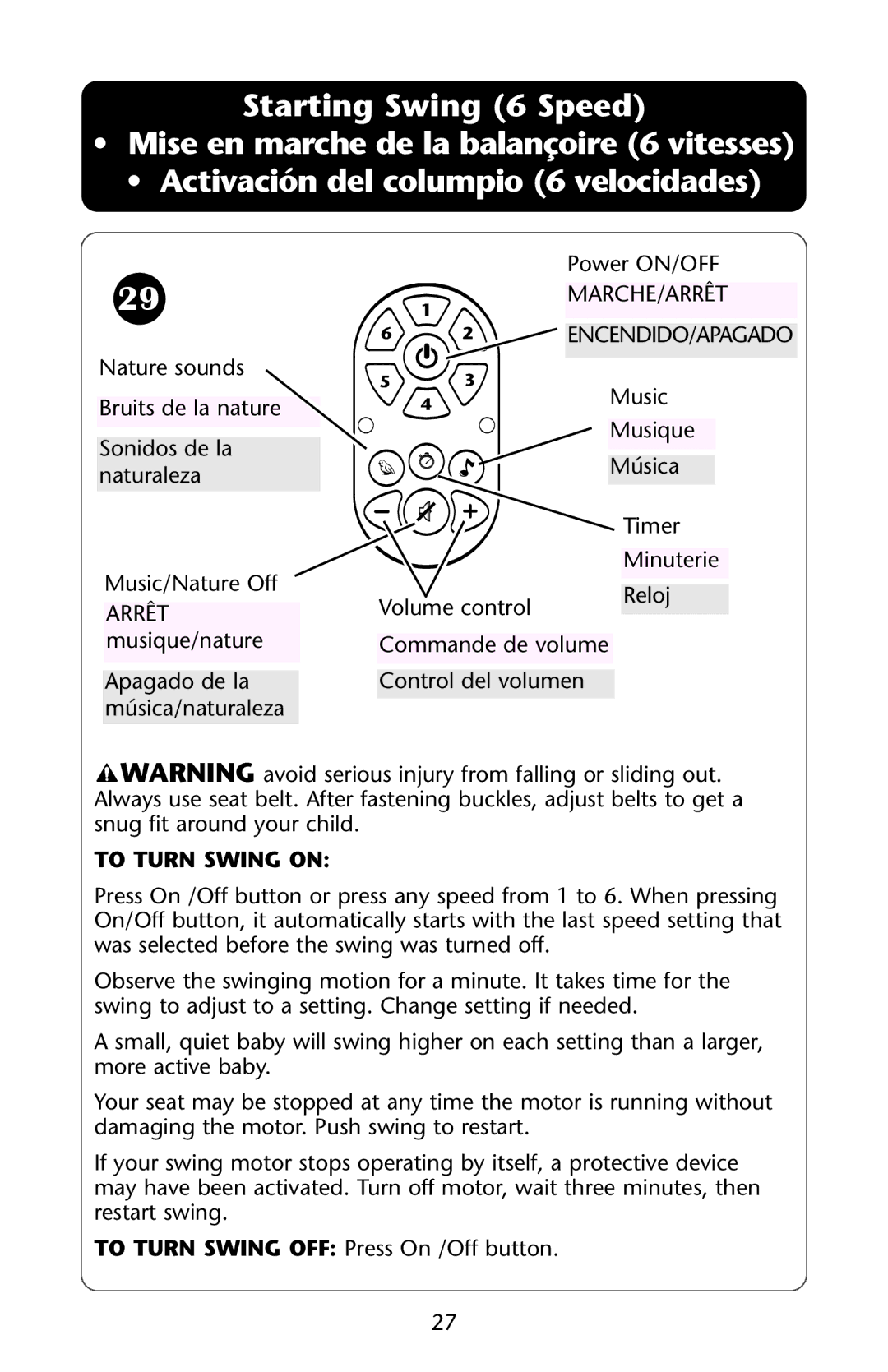 Graco ISPS040AC owner manual Marche/Arrêt, To Turn Swing on 