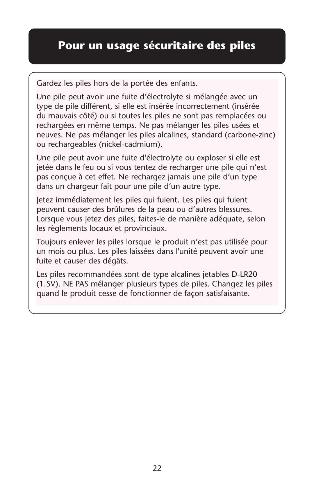 Graco ISPS041AA manual Pour un usage sécuritaire des piles 