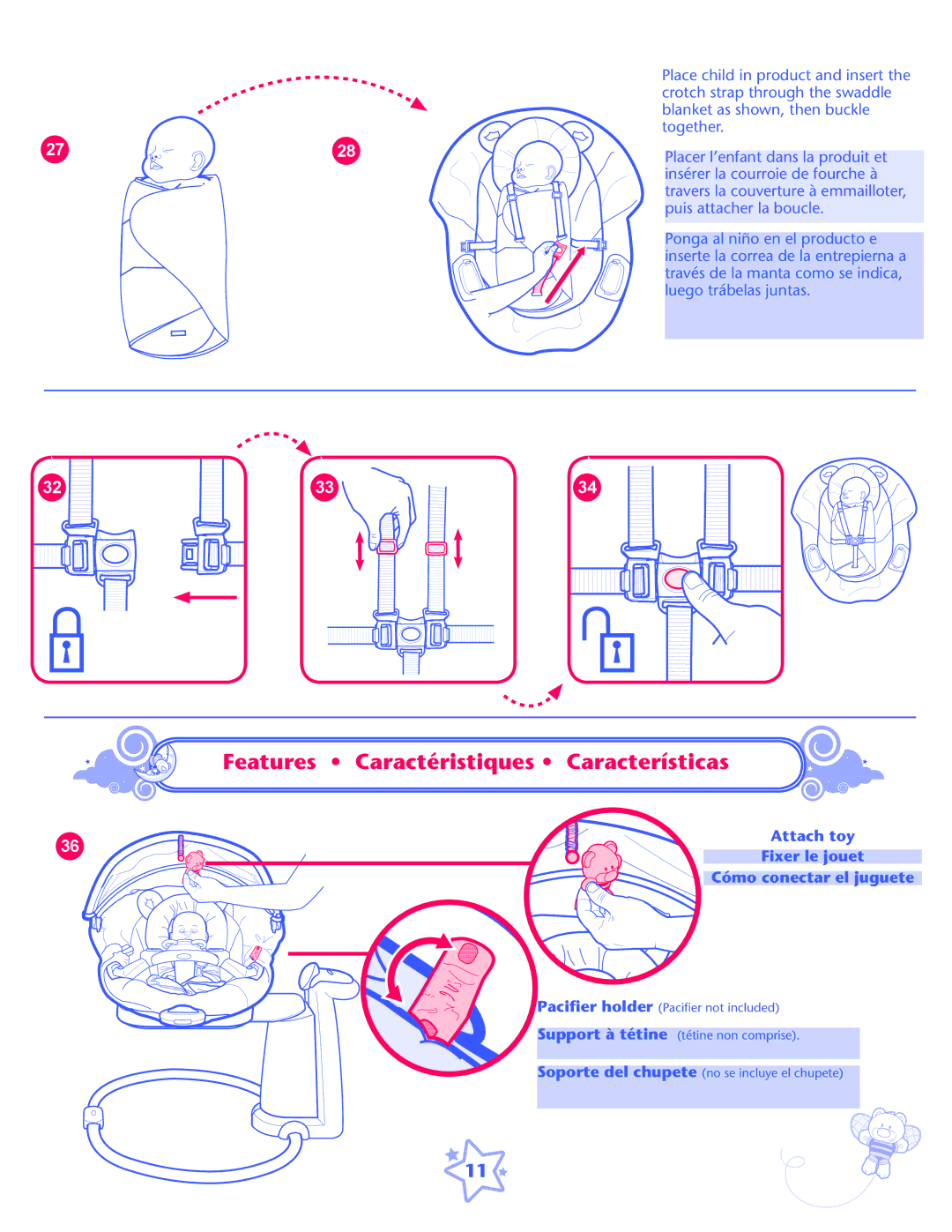 Graco ISPS057AB owner manual Features Caractéristiques Características, Cómo conectar el juguete 