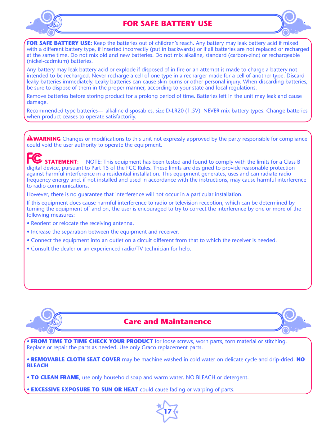 Graco ISPS057AB owner manual For Safe Battery USE, Care and Maintanence 