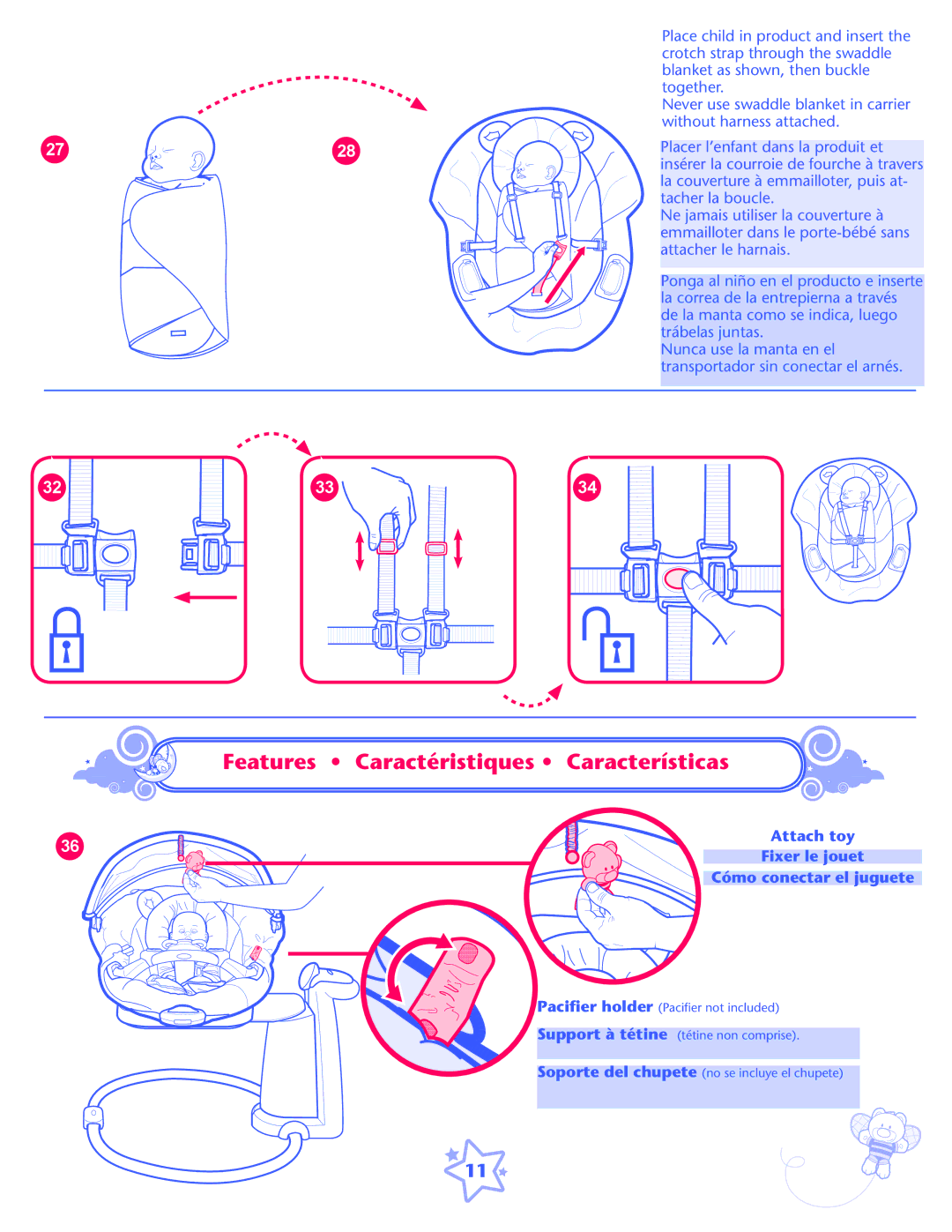 Graco ISPS057AC owner manual Features Caractéristiques Características, Cómo conectar el juguete 