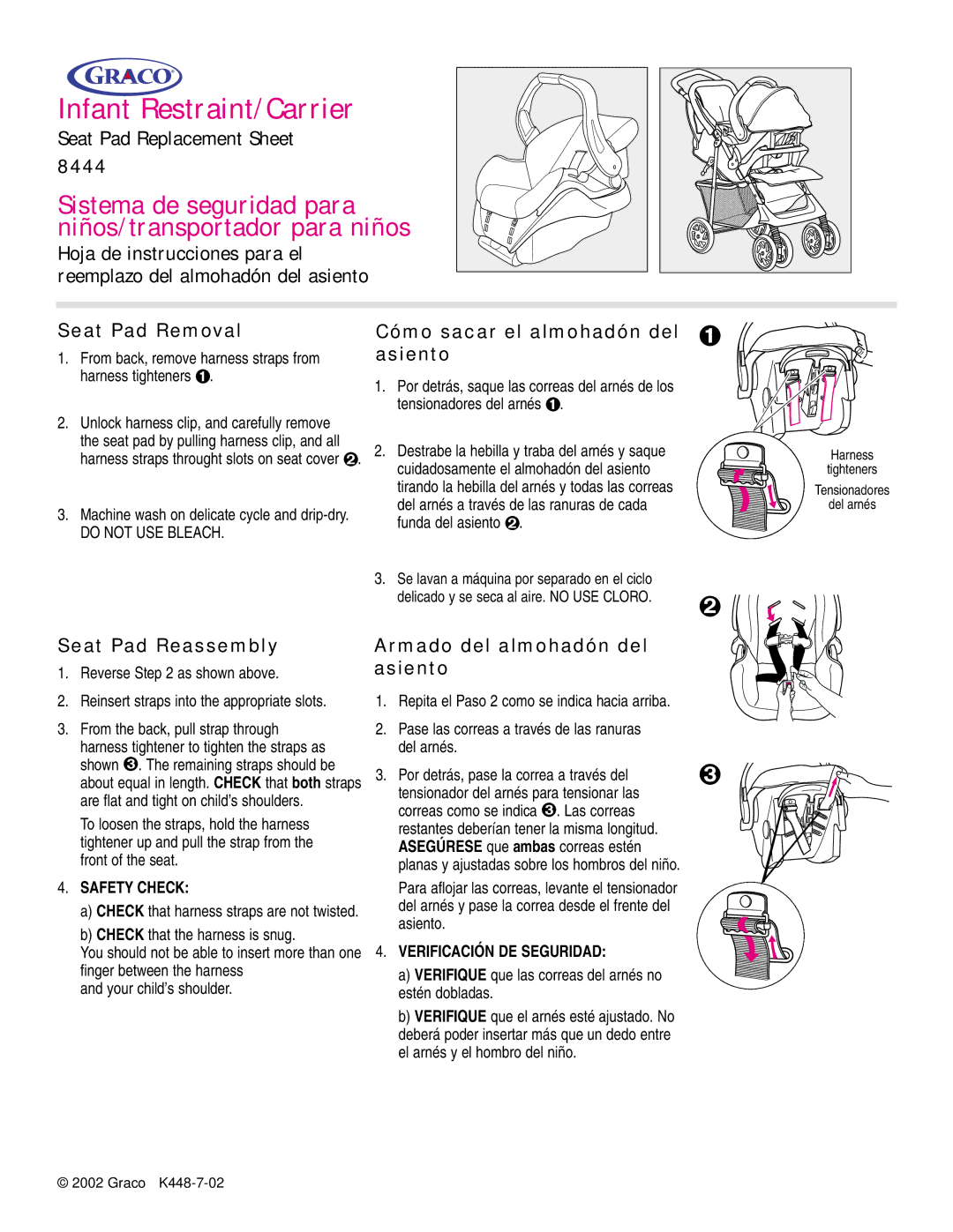 Graco K448-7-02 manual 8444, Seat Pad Removal, Cómo sacar el almohadón del asiento, Seat Pad Reassembly 