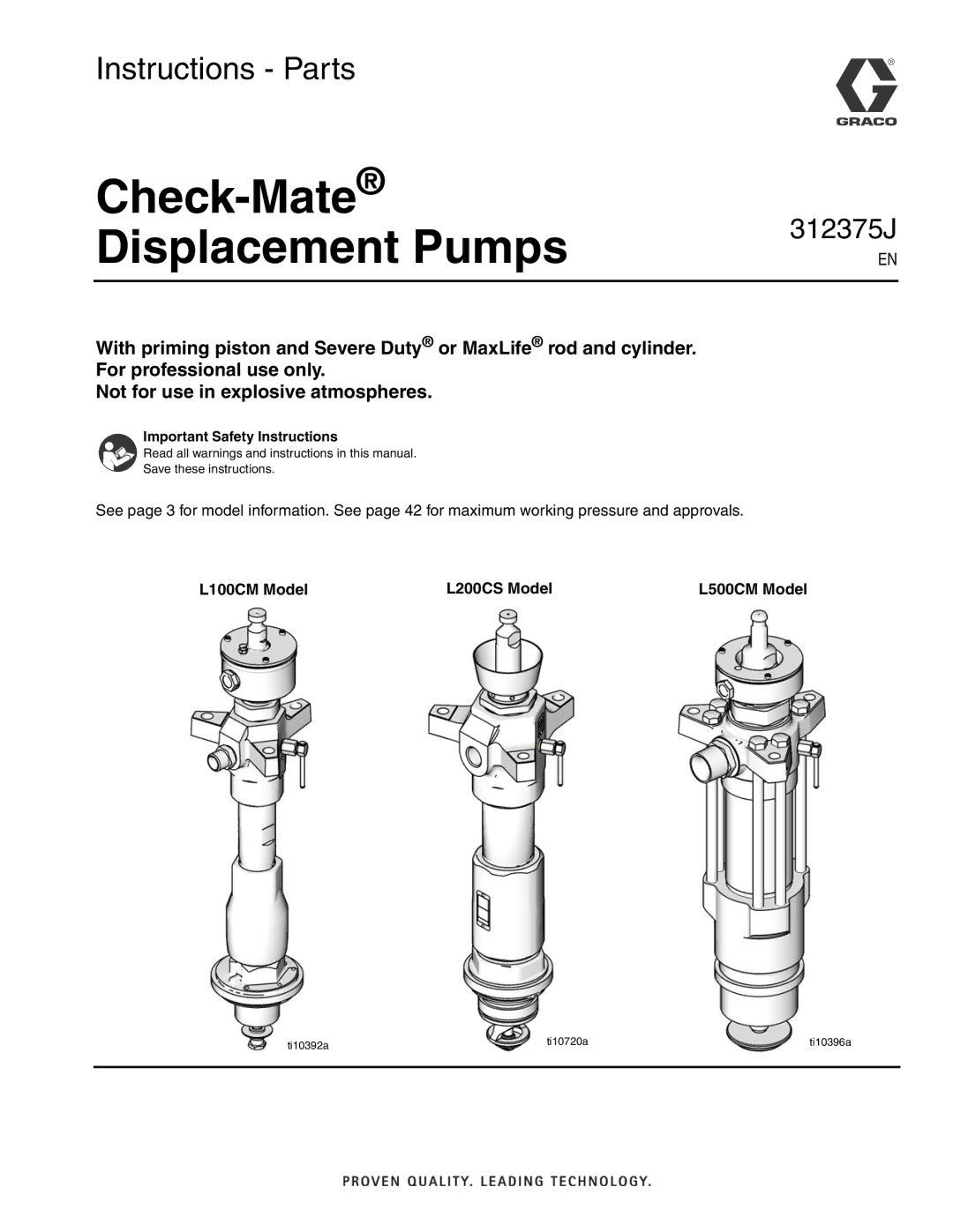 Graco ti10396a important safety instructions Check-Mate Displacement Pumps, L100CM Model L200CS Model L500CM Model 