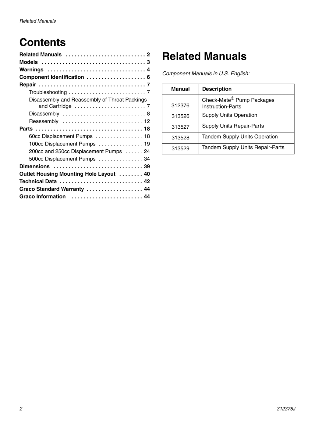 Graco ti10392a, L200CS, ti10396a, ti10720a, 312375J, L500CM, L100CM important safety instructions Contents, Related Manuals 