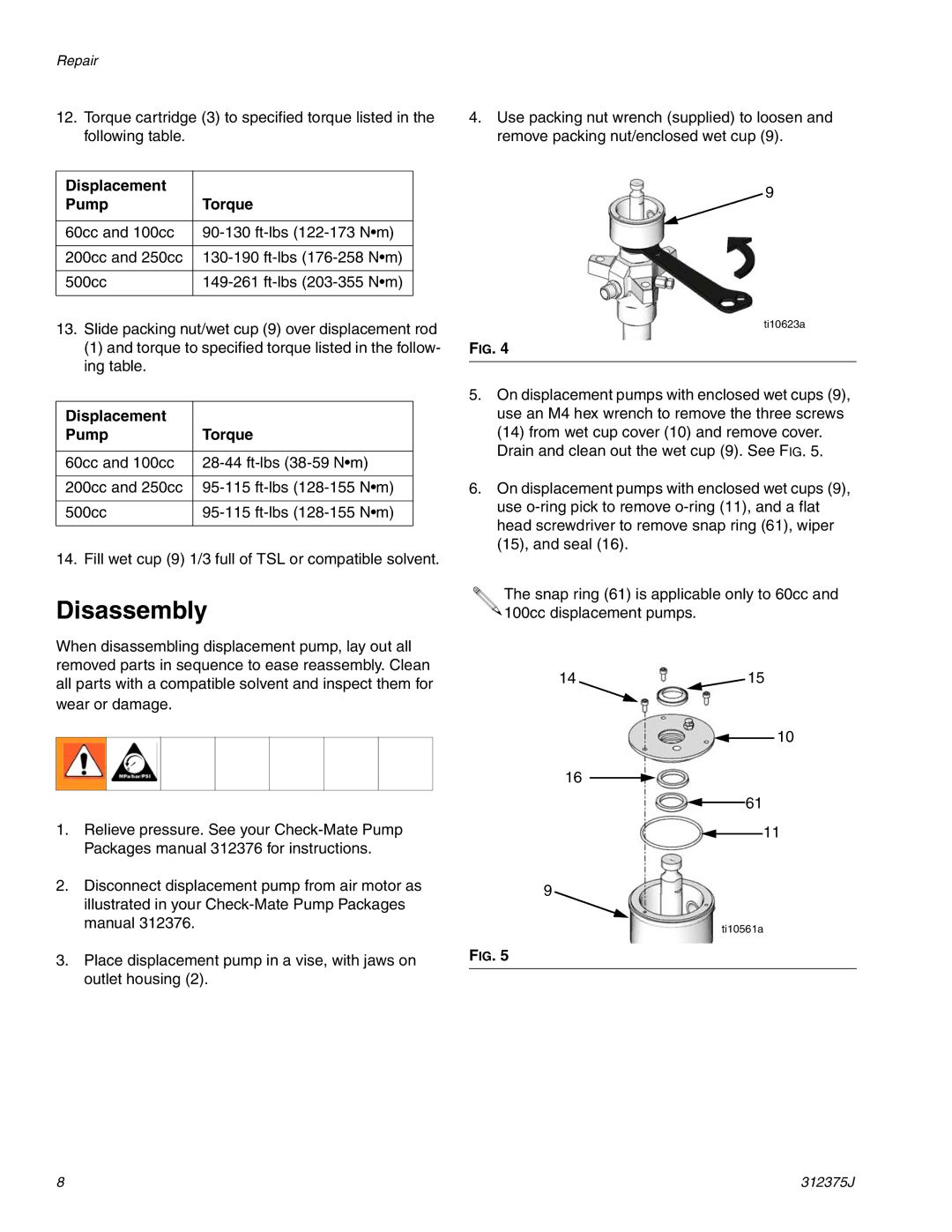 Graco ti10396a, L200CS, ti10392a, ti10720a, 312375J, L500CM, L100CM Disassembly, Displacement Pump Torque 